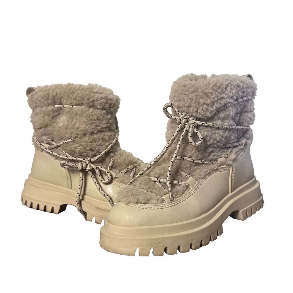Zara Girls Beige Faux Fur Winter Boots Size 34 Chunky Platform Lace Up Cozy